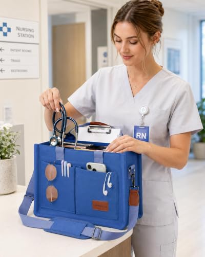 FIORETTO Canvas Tote Bag for Women with Zipper Closure & Individual Compartments for Work College for Teacher & Nurse - color: Dark Blue, size: Large