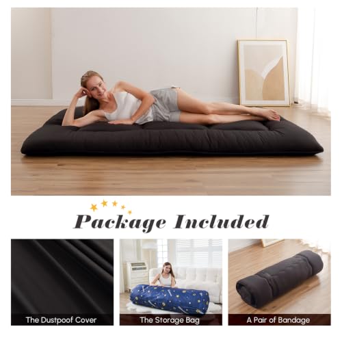 Zelladorra Japanese Floor Mattress, Futon Mattress | Roll Up Tatami Mat with Portable Storage Bag and Washable Cover, Suitable for Camping, Guest Room, Black - color: Black ( 4"th + Dust Cover ）, size: Twin (80"L x 39"W)