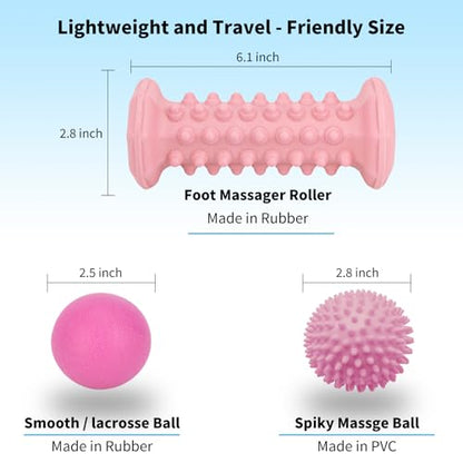 Pink Foot Massager Roller Set for Plantar Fasciitis, Arch&Heel Pain Relief | Includes Foot Roller, lacrosse and spiky massage balls for deep tissue trigger point muscle therapy and neuropathy relief - color: Pink Combination