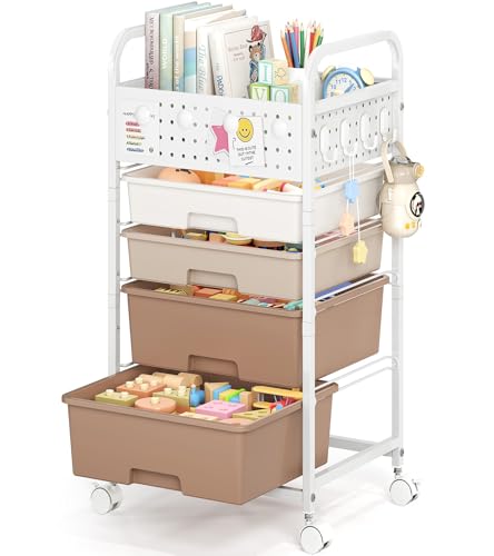 4 Drawer Rolling Storage Cart with Pegboard Top and Hooks, Brown | Mobile Organizer Cart with Wheels for Office Supplies, Craft Storage, Classroom Organization, Home Utility Cart - color: Brown, size: 4-Drawers