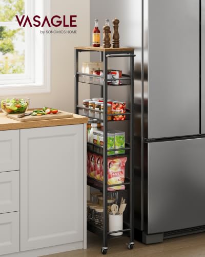 VASAGLE 6-Tier Slim Rolling Storage cart with Wheels, Metal - color: Rustic Brown + Matte Black, size: 6 Tiers (8.7"D x 51.7"H)