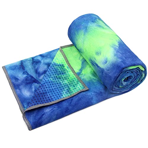 Eunzel Non Slip Hot Yoga Mat Towel with Grip Dots, 72" x 24" - color: Green & Blue, size: 72" x 24"