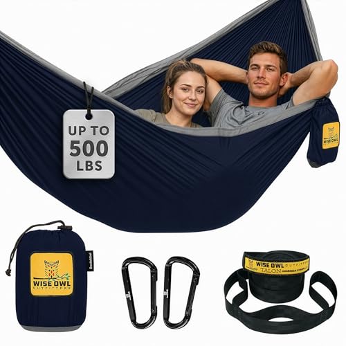 Wise Owl Outfitters Camping Hammock – up to 500lbs Portable Hammock with Tree Straps - Travel, Backpacking, Hiking, Outdoors Camping Gear - Single or Double - color: Navy & Steel, size: Double