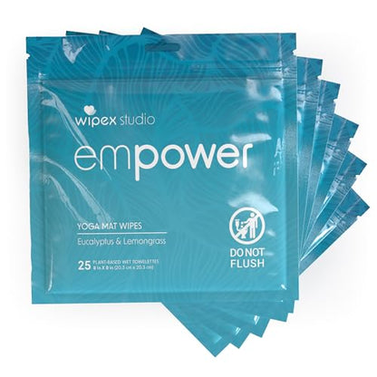 Wipex Studio Empower Yoga Mat Cleaner Wipes 25ct Zip Pack, Ultra Thick and Textured, Lemongrass Eucalyptus Scent, Natural Choice for Yoga, Pilates, or Any Movement Practice (25 Count (Pack of 6)) - size: 25 Count (Pack of 6)