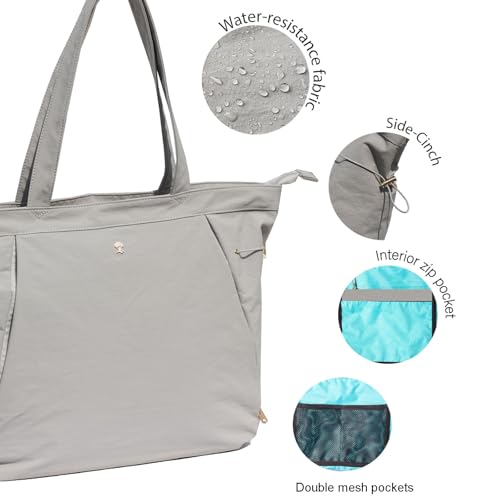 ESVAN Yoga Tote Bag for Women Shoulder Bags Drawstring for Office Workout Travel Carryall Pilates Gym and Beach - color: Nylon Light Gray