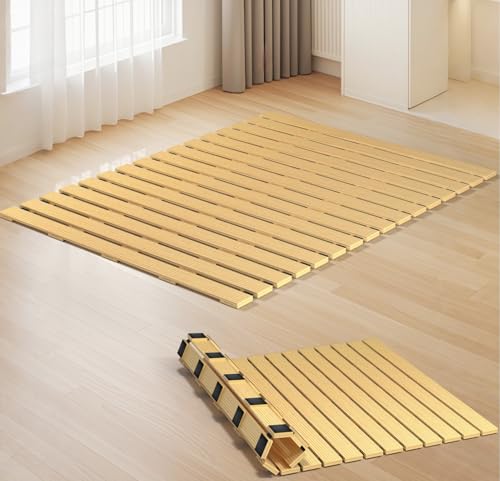 Japanese Tatami Mat Floor Bed, Knotless Solid Wood, Roll-Up Slatted, Bed Plate with 2 Storage Straps, Moisture-Proof and Breathable for Floor Sleeping or Futon Mattress, Full - size: Full