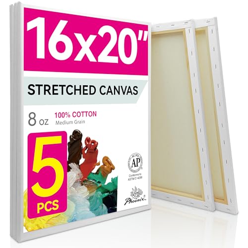 PHOENIX Stretched Canvas for Painting 16x20 Inch/5 Value Pack, 8 Oz Triple Primed 5/8 Inch Profile 100% Cotton White Blank Canvas, Large Framed Canvas for Oil Acrylic & Pouring Art - size: 16"x20", style: Studio Set (8 Oz.)