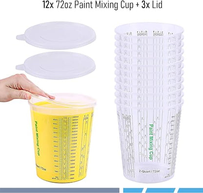 CANOPUS 72-oz Paint Mixing Cups, Pack of 12 Cups with 3 Lids, Reusable and Solvent-Resistant Clear Plastic Containers for Paint, Epoxy, Resin, Oil, and Thinner - size: 72 oz