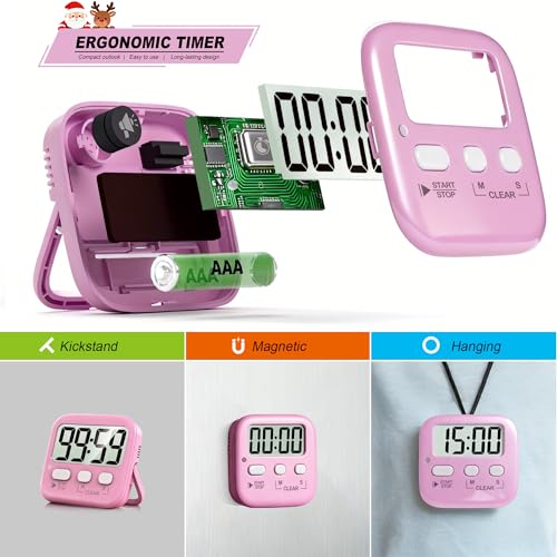 Antonki 2 Pack Digital Timer for Kids Classroom Kitchen Timers for Cooking | w/ Battery, Easy to View, Alarm, Mute Mode, Count Down/Up, Magnetic, Kickstand, Hanging, Classroom Timer for Teacher Supplies - color: Relaxing Pink