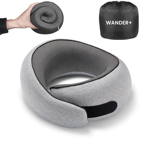 WANDER+® Travel Neck Pillow, Pure Memory Foam Neck Pillow for Airplanes, Comfortable Breathable Cover, 360 Degree Support Ergonomic Design Best for Sleeping Plane Train Travel Essentials Max Grey - color: Grey