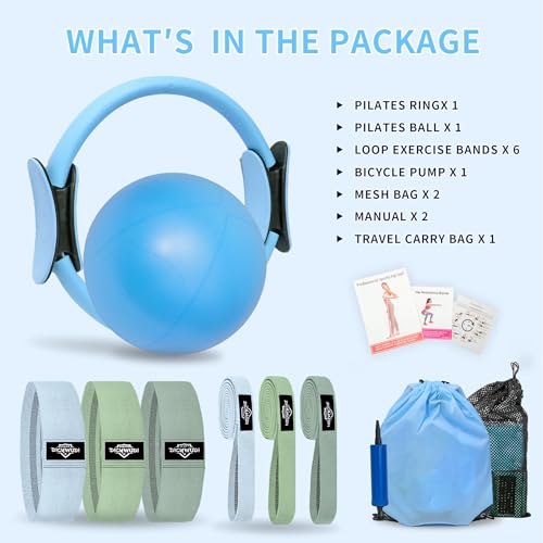 DICYWUDI Pilates Essentials Kit for Home Women, Pilates Equipment for Workouts, 6 Fabric Resistance Bands, 12 Inch Magic Circle Yoga Ring, Mini Exercise Ball, Great Exercise Equipment - color: 8pcs Blue set