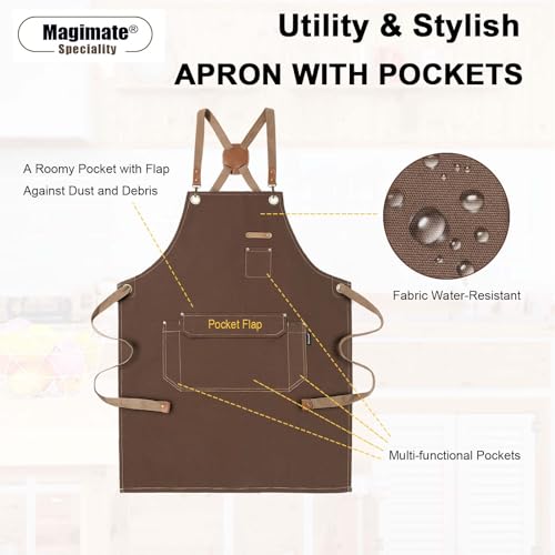 Chef Apron with Cross Back Straps for Men Women, Cotton Canvas Apron for Artists Painting, Kitchen Cooking - color: Brown