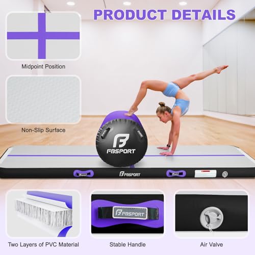 FBSPORT Inflatable Air Gymnastics Mat 4 inches Thickness and Air Roller 40x23.6 inches with Electric Air Pump 10ft/13ft Training Mats for Home Use Cheerleading Outdoor Training Park Yoga Beach - color: Black Purple, size: Mat: 10ft x 3.3ft x 4in | Roller: