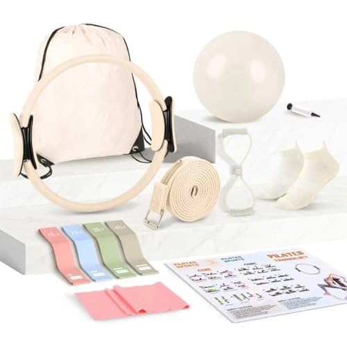 Tuhangcc Pilates Kit Women's Home Pilates Kit Ivory White Series Yoga Ball 15-inch Pilates Ring Instruction Manual Figure-8 Resistance Band and Other Accessories for Beginners for Home Workouts