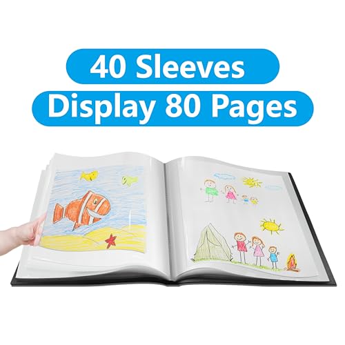 Presentation Book 40 Clear Pockets Sleeves Protectors Art Portfolio Clear Book for Artwork, Report Sheet, Letter (16.5x12.1inch) - size: 16.5x12.1inch (Black)