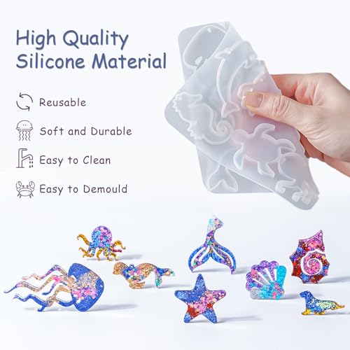 YODOYO Resin Earring Molds 3pcs Ocean Marine Life Jewelry Resin Molds | Jellyfish Shell Starfish Earrings Keychain Silicone Molds for Epoxy UV Resin Necklaces Pendant Jewelry Making Mold