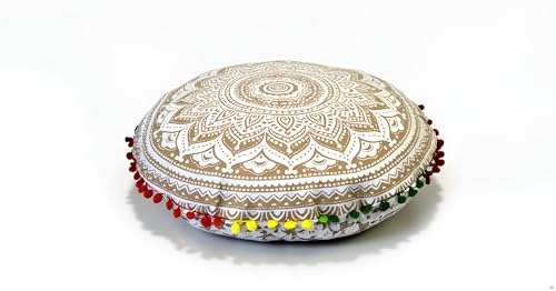 CRAFT KALA 22" Round Mandala Boho Pillow Cover Meditation Room Seating Poufs Cover for Living Room Yoga Room Home Bedroom Balcony Garden Party Decoration Cotton Floor Cushion Cover (White Gold Ombre) - color: White Gold Ombre
