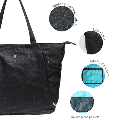 ESVAN Yoga Tote Bag for Women Shoulder Bags Drawstring for Office Workout Travel Carryall Pilates Gym and Beach - color: Nylon Black