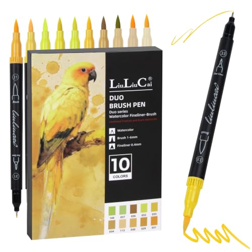 LIULIUCAI 10 Yellow Dual Markers, Fine & Brush Tip Pen for Adult Coloring | Yellow Markers, Drawing Pen for Sunflower, Fall Art, Highlights, Hand Lettering & Warm Accents, No Bleeding - color: 10 Yellow