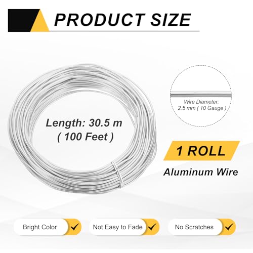 MECCANIXITY 10 Gauge 2.5mm Aluminum Wire, 100 Feet Bendable Metal Craft Armature Wire for Jewelry Making DIY Beading Floral Wreath Wrapping Sculpting, Silver Tone - color: Silver Tone, size: 10 Gauge x 100Ft