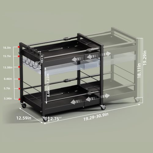 2 Tier Expandable Rolling Cart with wheels, pantry organizers and storage - size: 2 Tier(Black)