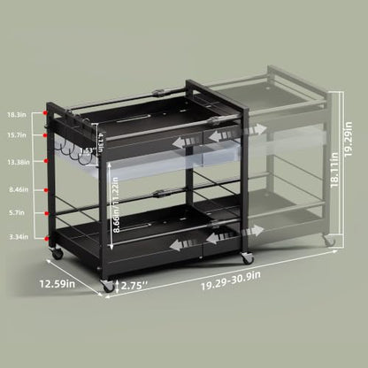 2 Tier Expandable Rolling Cart with wheels, pantry organizers and storage - size: 2 Tier(Black)
