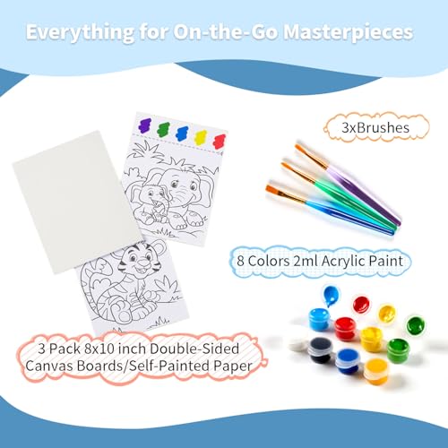 Double-Sided Canvas Painting Kit, 3 Pack 8x10 Inch Canvas Panels with Blank and Pre-Drawn Sides, Acrylic Paints, and Brushes, Versatile DIY Craft Kit for Creative Projects - size: 8"x10"(3-Pack), style: Dual-Sided - Animals