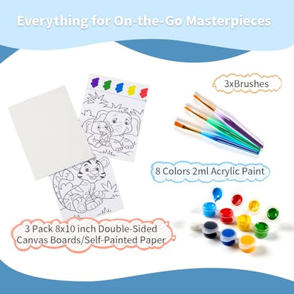 Double-Sided Canvas Painting Kit, 3 Pack 8x10 Inch Canvas Panels with Blank and Pre-Drawn Sides, Acrylic Paints, and Brushes, Versatile DIY Craft Kit for Creative Projects - size: 8"x10"(3-Pack), style: Dual-Sided - Animals