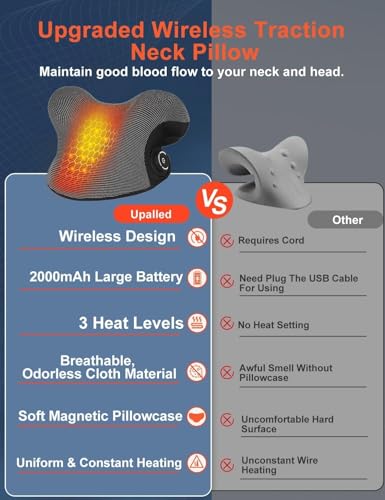 Upalled Wireless Heated Neck Stretcher for Pain Relief, Portable Cordless Neck Shoulder Cervical Traction Device with Graphene Heating Pad No Smell Magnetic Therapy Case Relaxer for Spine Alignme