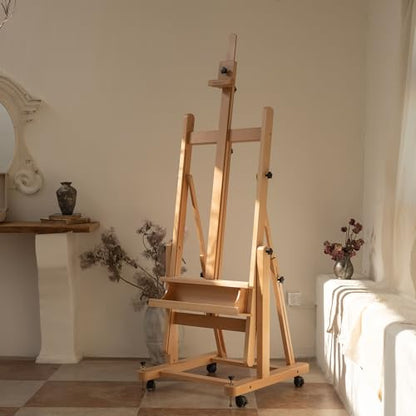 MEEDEN Enlarged Heavy-Duty H-Frame Easel: Artist Solid Beech Wooden Studio Easel - Professional Painting Art Easel Stand with 4 Lockable Wheels & Leveling Bolts - Hold Canvas up to 86" H - color: Natural, size: X-Large