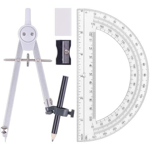 UNJOO Professional Metal Compass for Geometry Set, Math Protractors (Silver) | Metal Compass with Wheel and Lock for Geometry, Drawing Compass Tool, Circle Drafting Tool, and 6 Inch Protractors 180 Degree - color: Silver