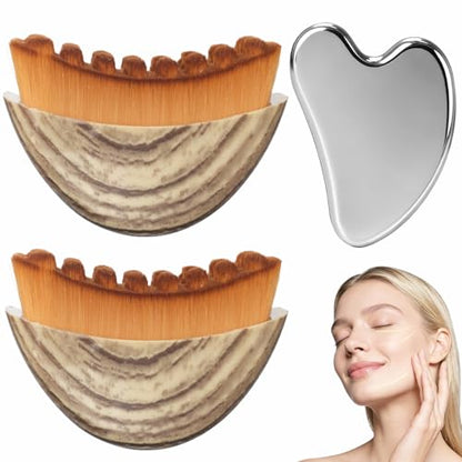 2PCS Lymphatic Contour Face Brush & Stainless Steel Gua Sha Tool Set, for Face and Neck Massage gua sha, Jawline Puffiness, Lifting, Relaxation, Lymphatic Drainage