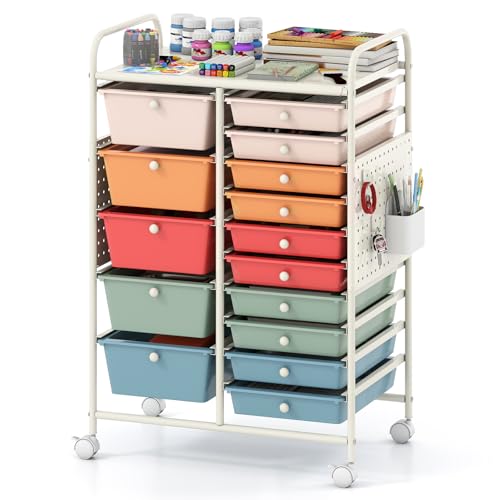 Giantex 15 Drawer Storage Cart, Rolling Craft Cart with Metal Tabletop & Pegboard, Mobile Utility Organizer Trolley with Locking Wheels, Home Office, Classroom, Teacher Supplies, Macaron Multicolor - color: Macaron, size: 15 Drawer-25"x14.5"x34.5"