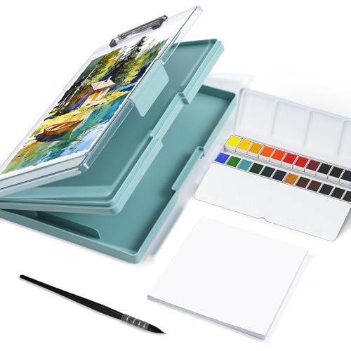 Travel Watercolor Paint Set, Watercolor Set Includes 24 Colors Solid Watercolors + 7.5x7.5 inch 100% Cotton Watercolor Paper(20 Sheets) + 1 Watercolor Brush + Green Double Layer Organizer - style: 24 Colors Watercolor Kit