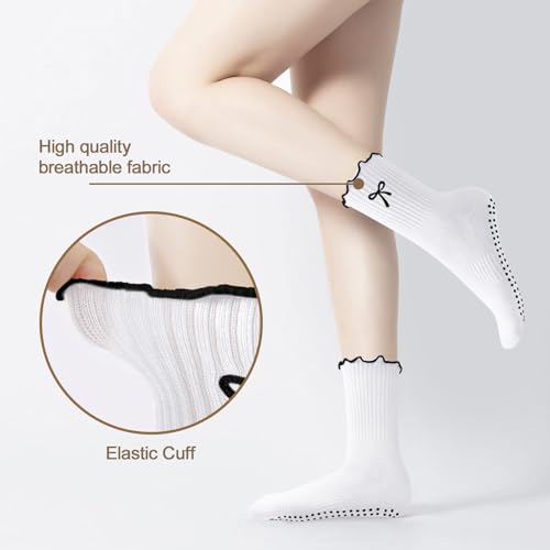 Women's Pilates Grip Socks, Ruffle Non Slip Bow Pattern Yoga Socks | Grippy, Frilly Trim, Embroidery, Crew Length, Soft Cotton, Arch Support, for Barre Ballet Dance Workout Hospital Home Gifts - color: B02-bow-white+black