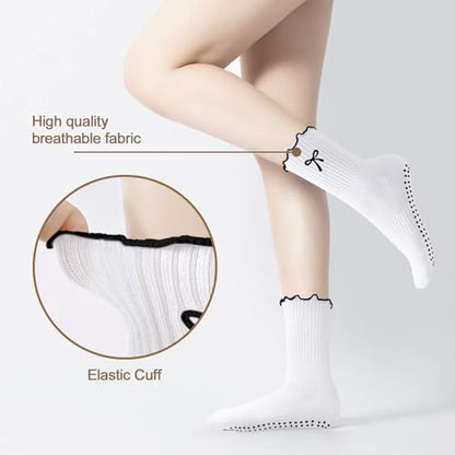 Women's Pilates Grip Socks, Ruffle Non Slip Bow Pattern Yoga Socks | Grippy, Frilly Trim, Embroidery, Crew Length, Soft Cotton, Arch Support, for Barre Ballet Dance Workout Hospital Home Gifts - color: B02-bow-white+black