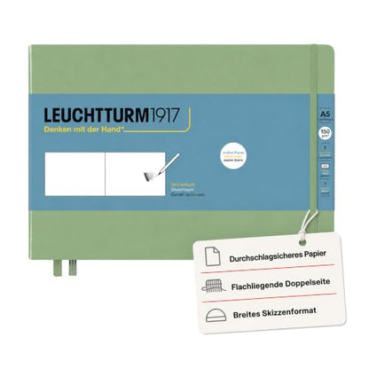 Leuchtturm1917 - Medium Landscape Hardcover Sketchbook (Sage) - 112 Pages of 150g/m² Paper | 150 g/m² drawing cardboard, blank, 112 pages, thread binding, folding pocket, bookmark, elastic closure, acid-free - color: Sage, size: Medium Landscape (A5)