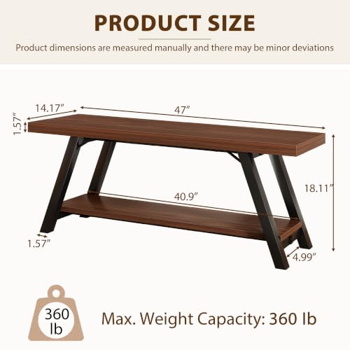 LVB Industrial Entryway Bench with Storage, Wood and Metal Bedroom Bench - color: Walnut