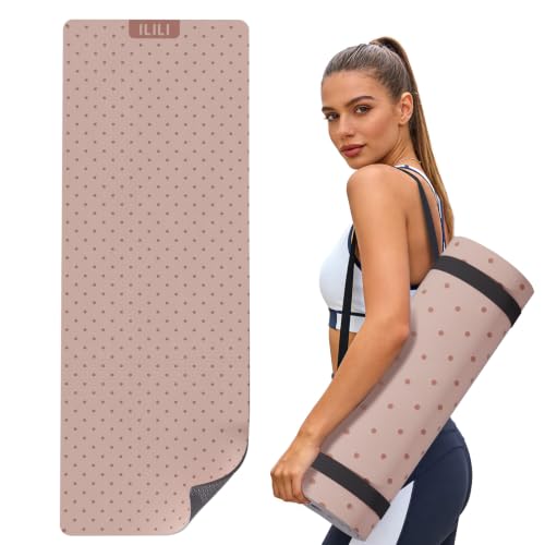 ILILI Suede TPE Yoga Mat, 10mm Thick, 76" x 28" Extra Long with Strap - color: Pinky Beige