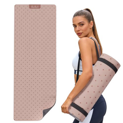 ILILI Suede TPE Yoga Mat, 10mm Thick, 76" x 28" Extra Long with Strap - color: Pinky Beige