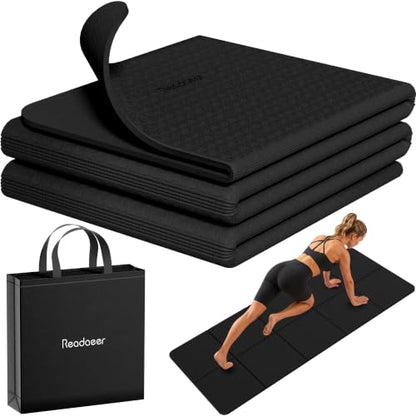 Readaeer Foldable Yoga Mat for Travel Folding Yoga Mat 6mm Thick with Carrying Bag, Non-Slip TPE Exercise Pilates Mat for 72" L x 24" W x 0.24 Inch - color: Black