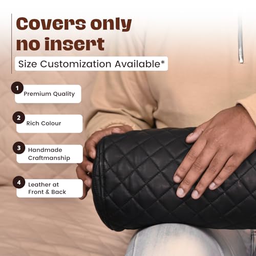 Neck Roll Pillow Cushion Cover, 16x6 Inch Full Moon Round Bolster Pillow Case, Cylinder Soft Lambskin Leather Pillowcase for Head, Spine & Neck Support During Sleep - Quilted Black Pack of 2 - color: Quilted Black Pack of 2