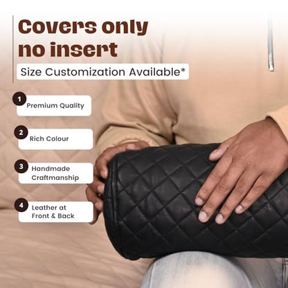 Neck Roll Pillow Cushion Cover, 16x6 Inch Full Moon Round Bolster Pillow Case, Cylinder Soft Lambskin Leather Pillowcase for Head, Spine & Neck Support During Sleep - Quilted Black Pack of 2 - color: Quilted Black Pack of 2