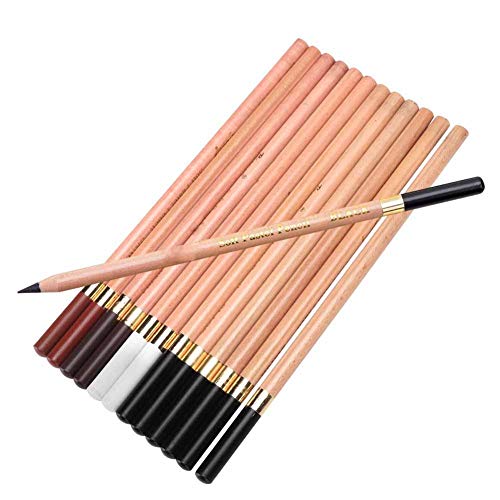 hong 12PCS 4 Colors Sketching Pencils Wooden Charcoal Drawing Pencil Art Supplies with Gift Box for Art Students, Beginners, Professional Painter, White/Sanguine/Sepia/Black Charcoal Pencils