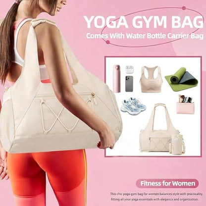 Gym Bag for Women, Yoga Mat Bag with Shoe Compartment and Wet Pocket, Sport Yoga Gym Bag with Yoga Strap, Carryall Yoga Tote Bag - color: Beige