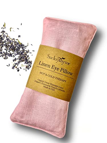 Sacksy Thyme Organic Linen Eye Pillow - Lavender & Flaxseed for Relaxation, Yoga, Stress Relief - Microwavable Heating Pad & Cool Compress - Made in USA - Gifts for Meditation - color: Pink (Lavender)