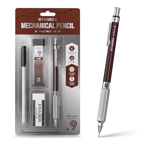 STAGEEK 0.9mm Mechanical Pencil, Drawing Pencil, with Eraser, 40 HB Leads | Professional Metal Art & Drafting Pencil, for Artists, Students, School, Office, Writing, Sketching, Brown - color: Brown
