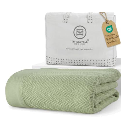 Threadmill Luxury 100% Cotton Twin Herringbone Blanket, Sage Green | All-Season Thermal Throw Blanket, Soft & Breathable, Cozy Moisture-Wicking, OEKO-TEX Certified, Machine Washable, 68x92 in - color: Sage Green, size: Twin (68" x 92")