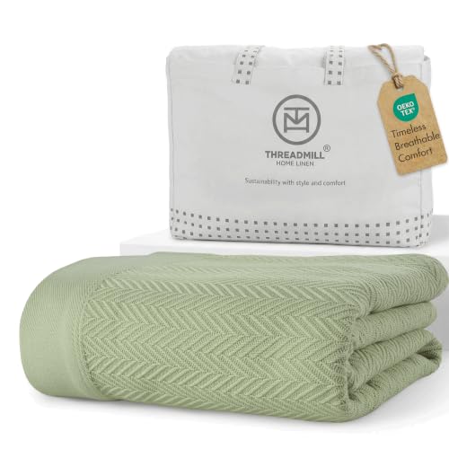 Threadmill Luxury 100% Cotton Twin Herringbone Blanket, Sage Green | All-Season Thermal Throw Blanket, Soft & Breathable, Cozy Moisture-Wicking, OEKO-TEX Certified, Machine Washable, 68x92 in - color: Sage Green, size: Twin (68" x 92")