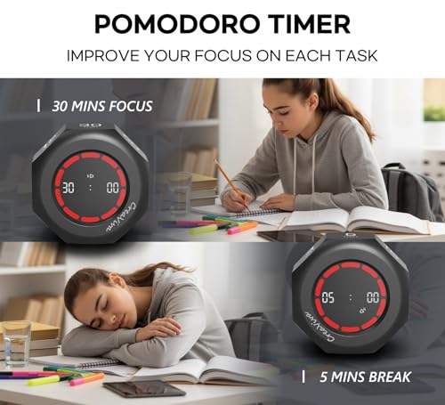 Flip Cube Pomodoro Timer - Rechargeable Visual Countdown & Count Up Stopwatch, 7 Preset Intervals, 3 Alarm Modes, Productivity Tool for ADHD, Kids, Study, Work & Kitchen (Gray) - color: Space Grey